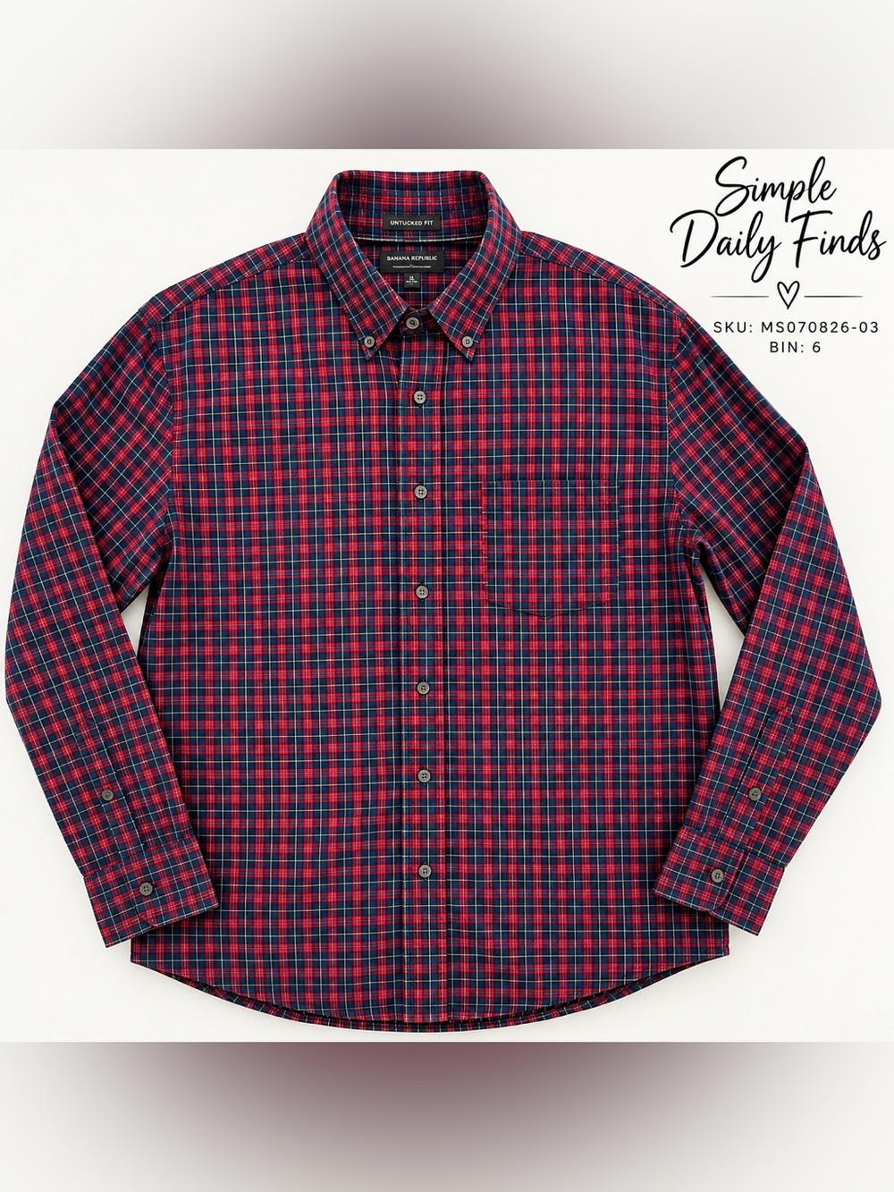 Banana Republic Men XL Organic Cotton Untucked Fit Red Blue Plaid Shirt